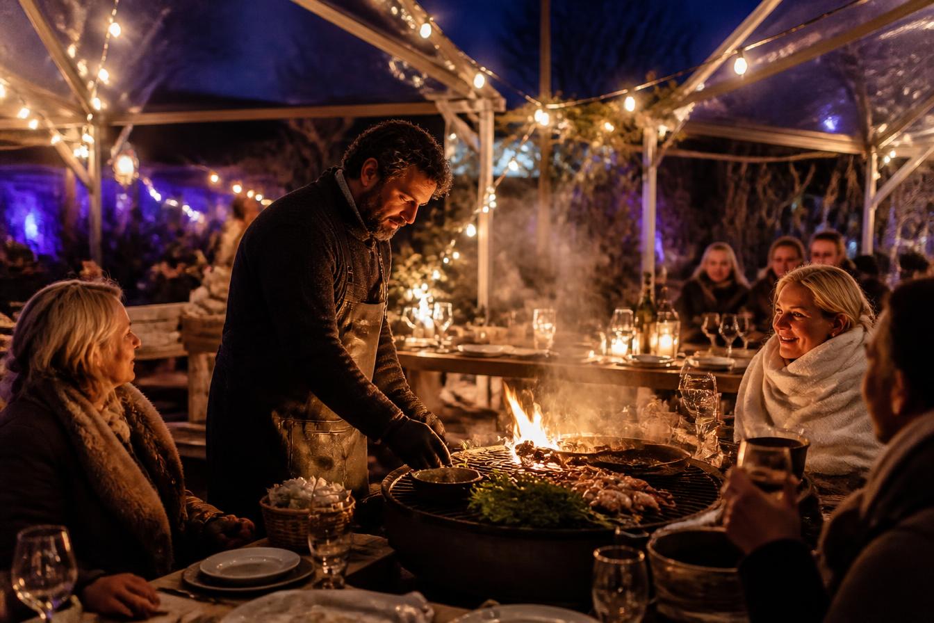 Gezellige winterbarbecue onder sfeervolle lichtjes bij de winterfair