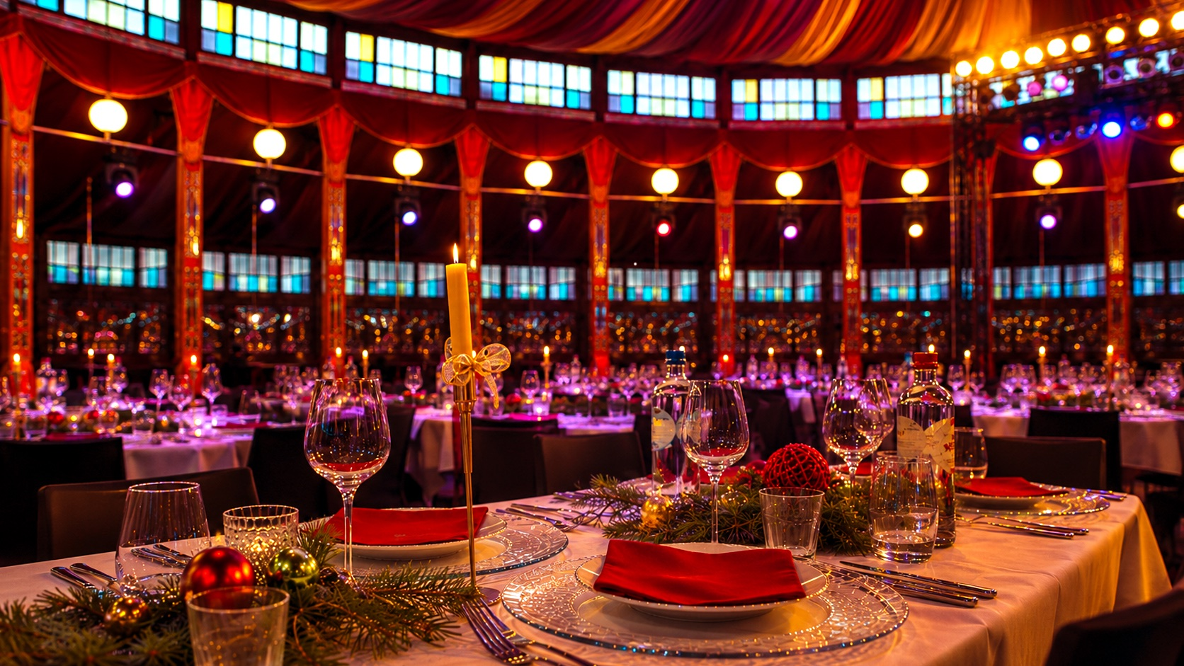 Feestelijk gedekte tafels in de sfeervol verlichte spiegeltent