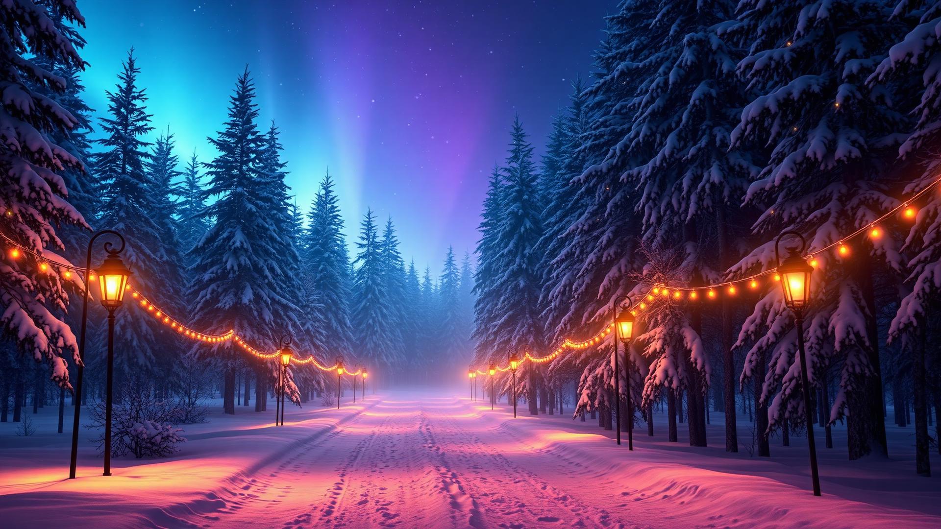 Verlicht winterpad met lantaarns onder een paarse poollicht-hemel