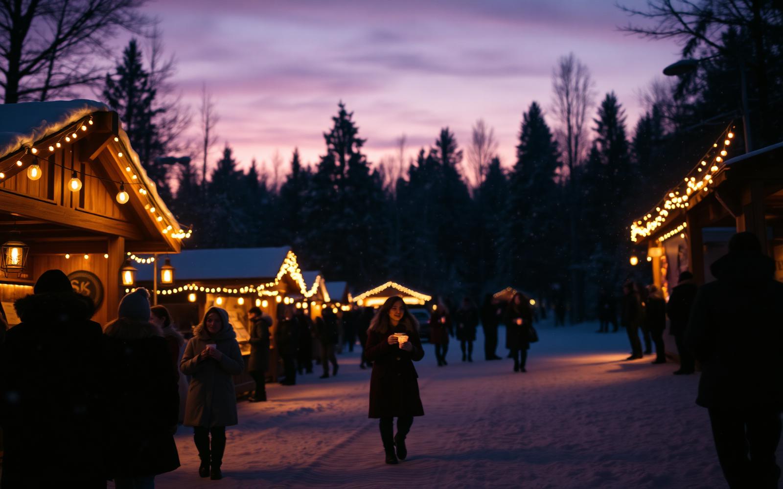 Winterfair tussen besneeuwde dennen met lichtjes